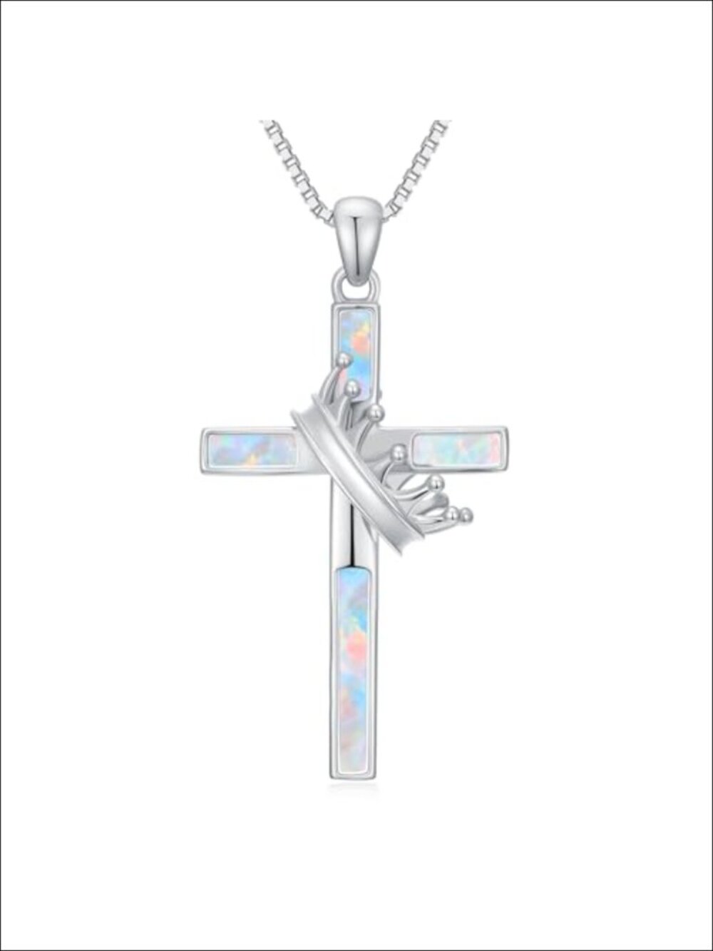 Cross Opal Pendant Necklace Women Silver Tone Faith Jewelry Gift